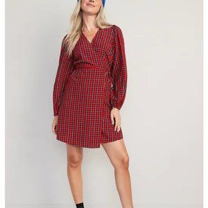 NWT Puff-Sleeve Plaid Seersucker Mini Wrap Dress for Women | Small Petite